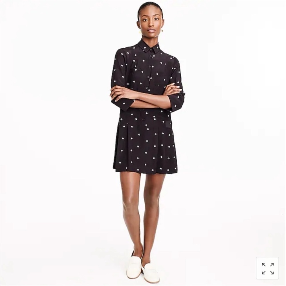 J Crew Silk Button Front Shirt Dress Black Print Long Sleeve Size XS